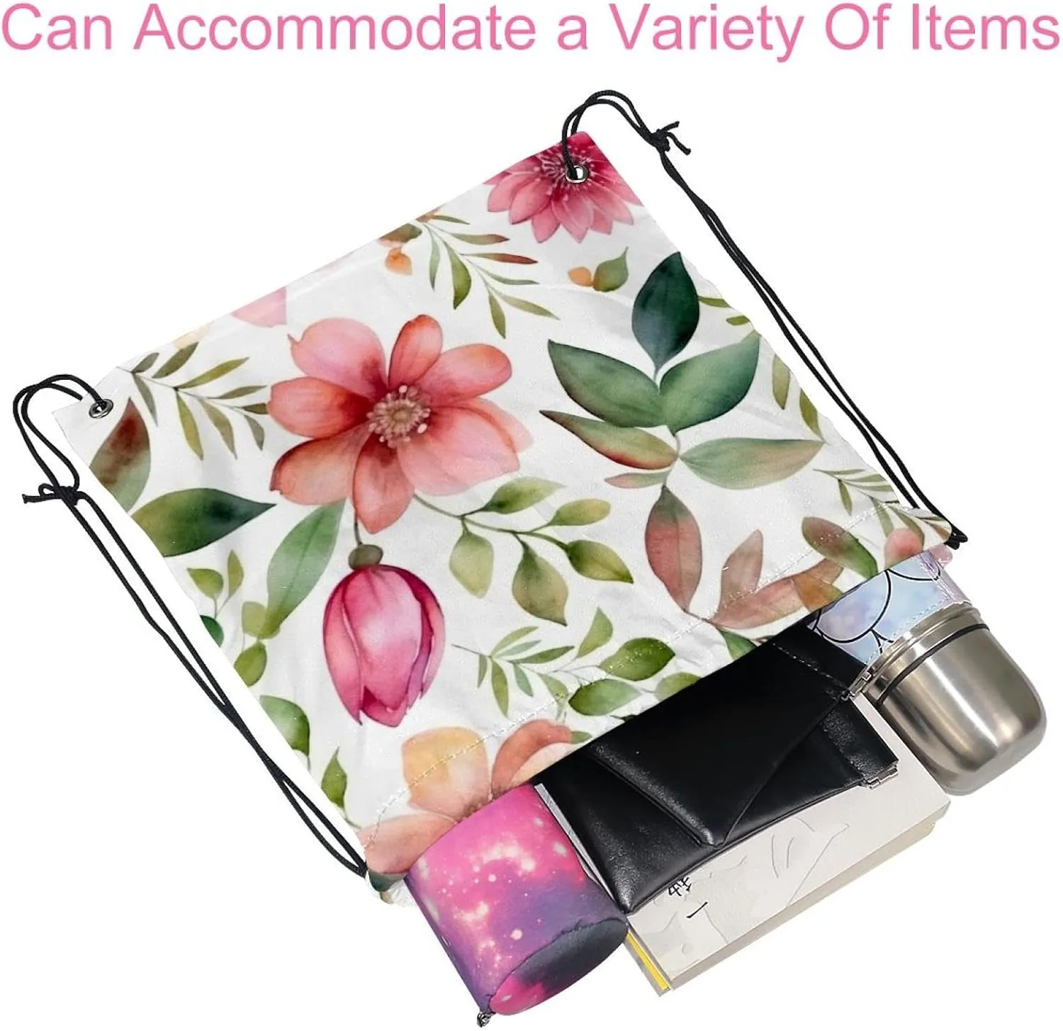 2 Pcs Pink Flowers with Leaves Drawstring Backpack Bag Sport Gym Sack pack