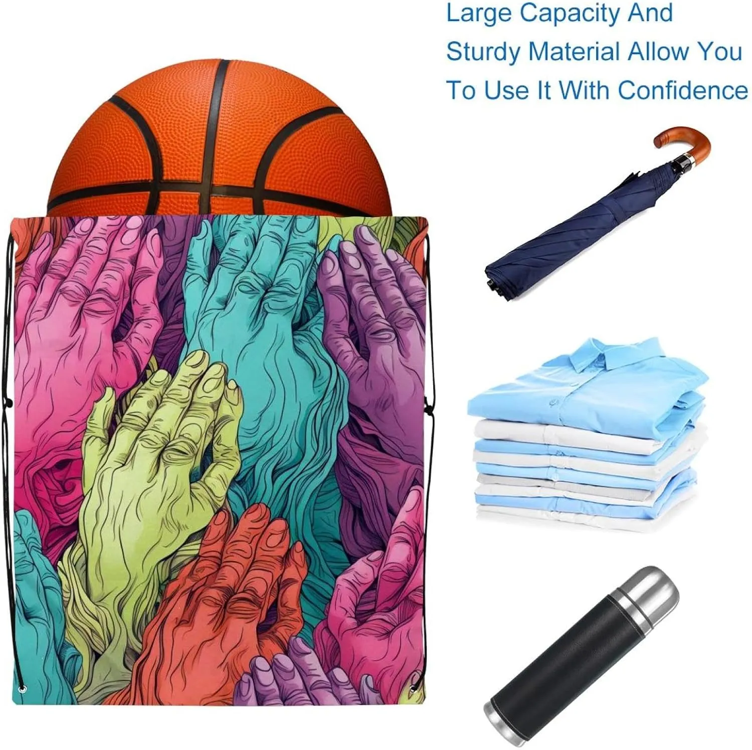 2 Pcs Praying hands Drawstring Backpack String Bag Sports Sack pack Gym Sack Side Pocket for Men Women