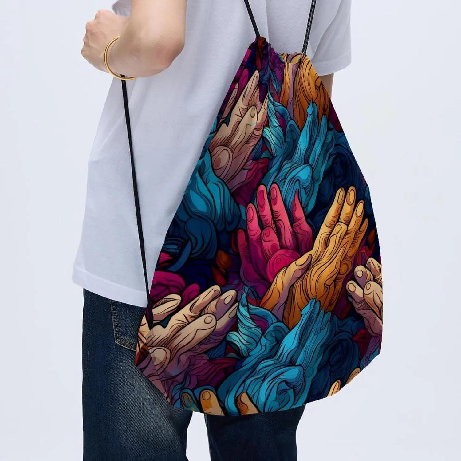 2 Pcs Praying hands Drawstring Backpack String Bag Sports Sack pack Gym Sack Side Pocket for Men Women