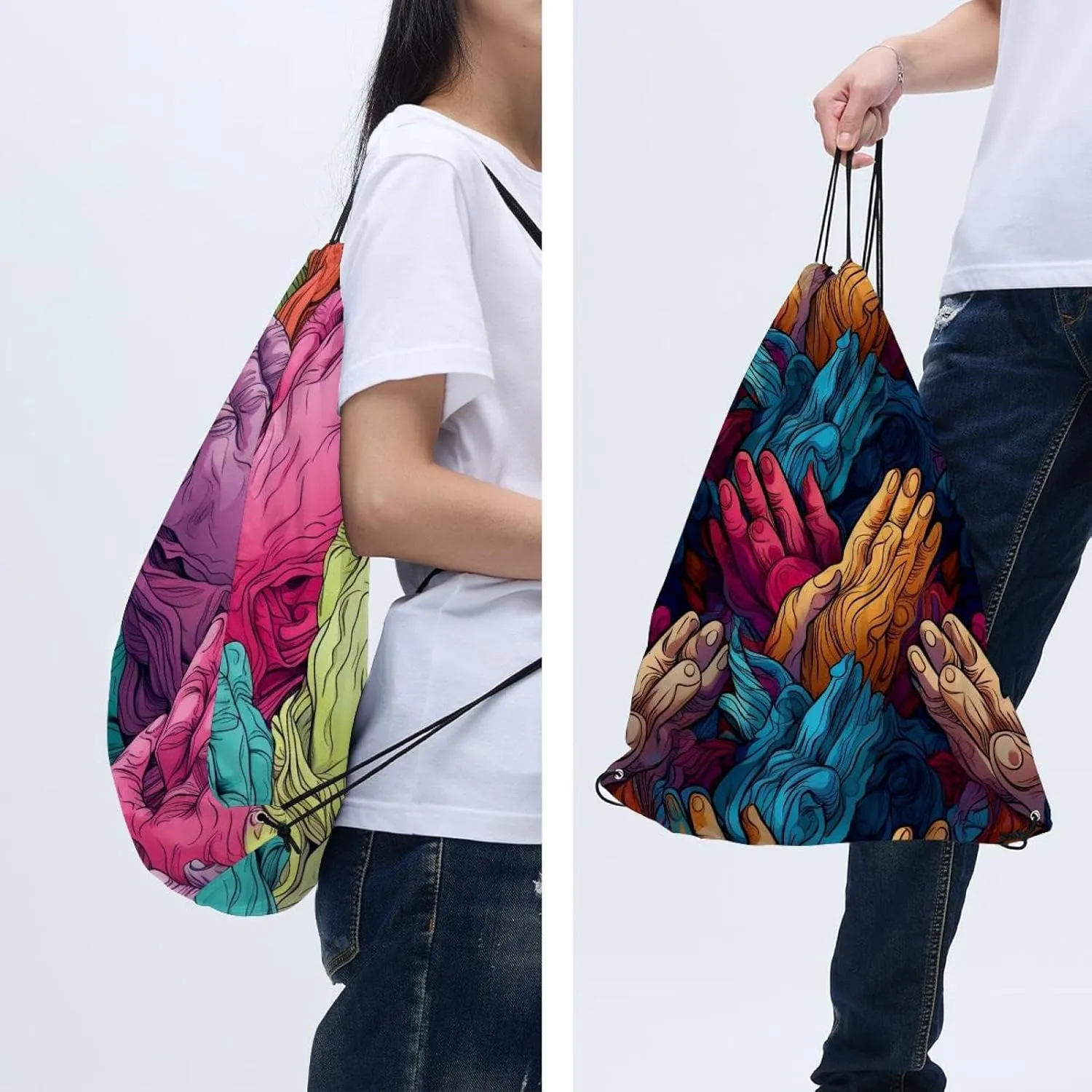 2 Pcs Praying hands Drawstring Backpack String Bag Sports Sack pack Gym Sack Side Pocket for Men Women