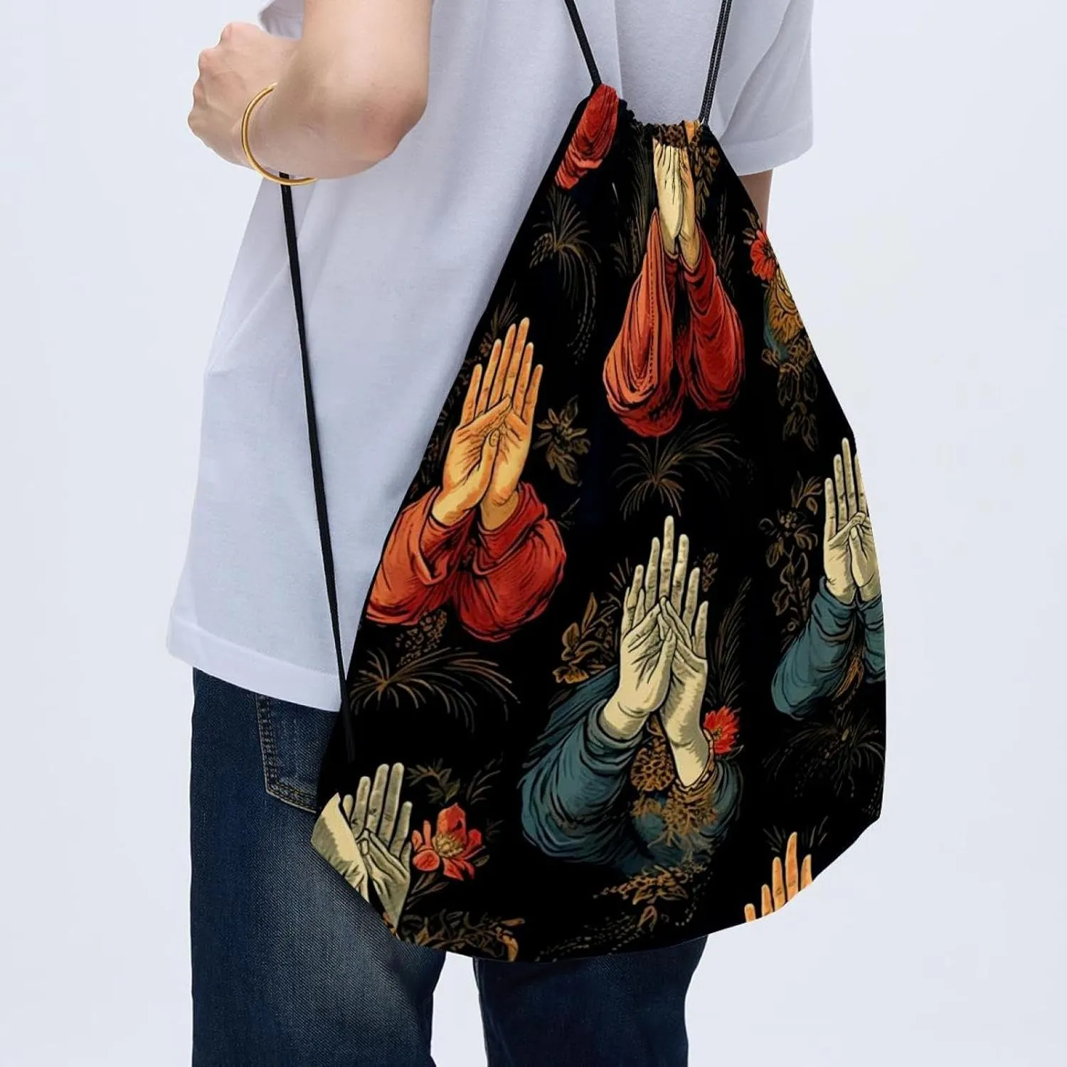 2 Pcs Praying hands Drawstring Backpack String Bag Sports Sack pack Gym Sack Side Pocket for Men Women