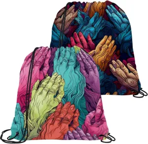 2 Pcs Praying hands Drawstring Backpack String Bag Sports Sack pack Gym Sack Side Pocket for Men Women