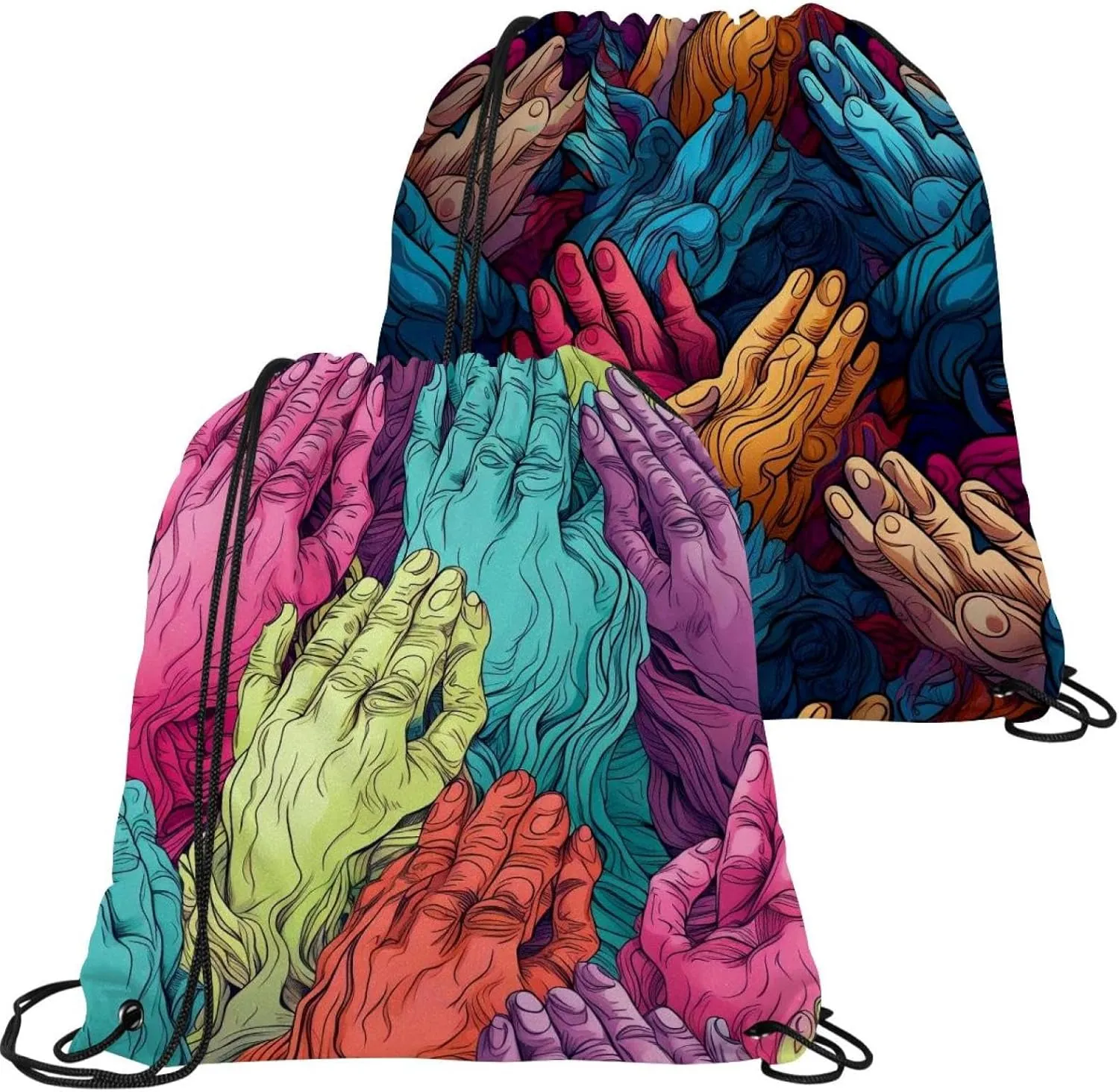 2 Pcs Praying hands Drawstring Backpack String Bag Sports Sack pack Gym Sack Side Pocket for Men Women