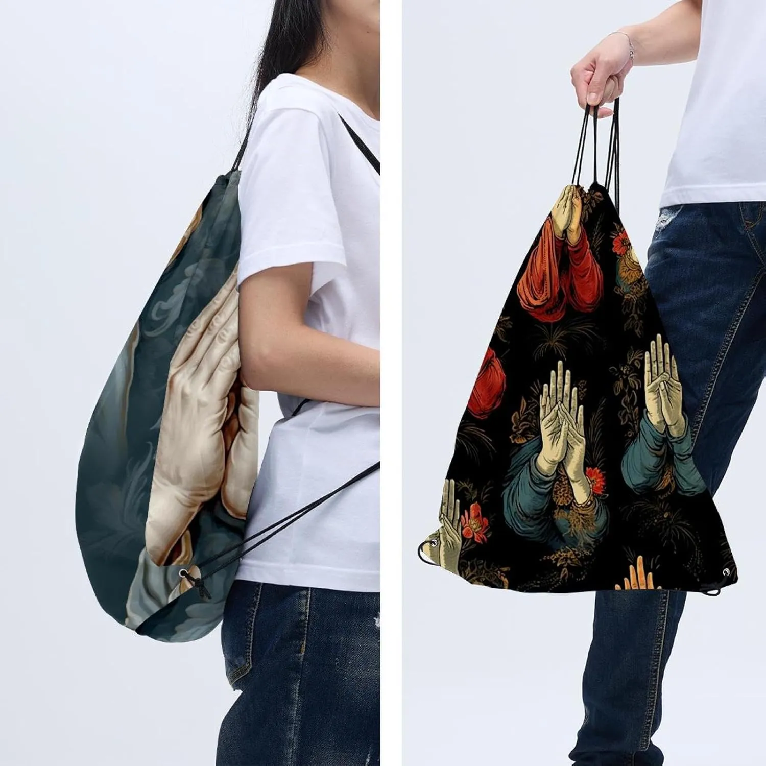 2 Pcs Praying hands Drawstring Backpack String Bag Sports Sack pack Gym Sack Side Pocket for Men Women