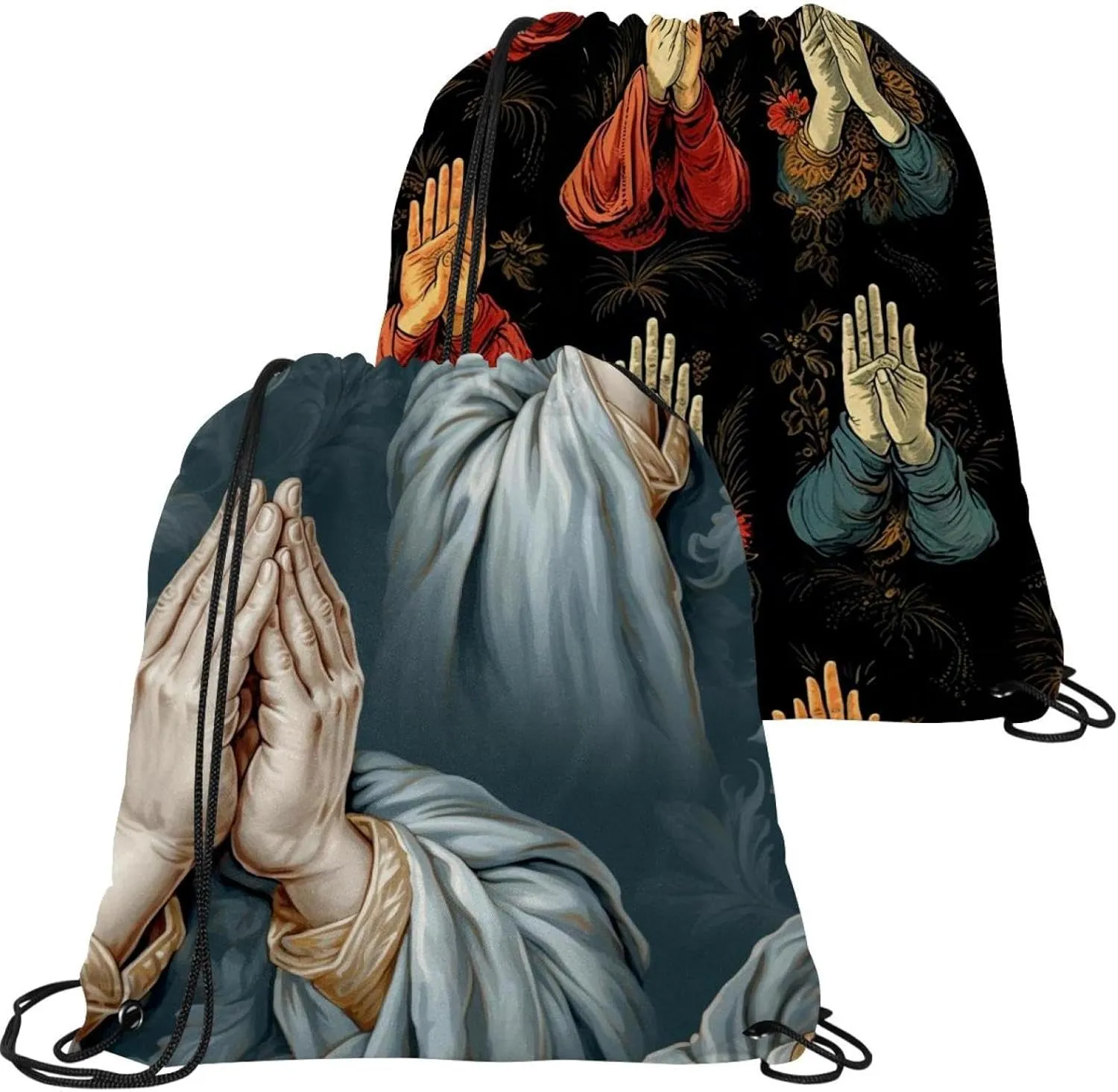 2 Pcs Praying hands Drawstring Backpack String Bag Sports Sack pack Gym Sack Side Pocket for Men Women