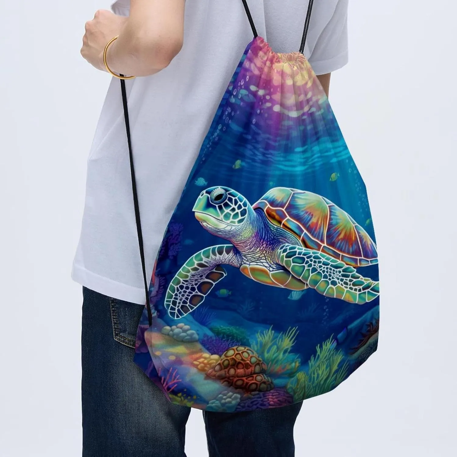2 Pcs Sea Turtle Drawstring Backpack Sports Gym Sack pack String Bag for Women Men