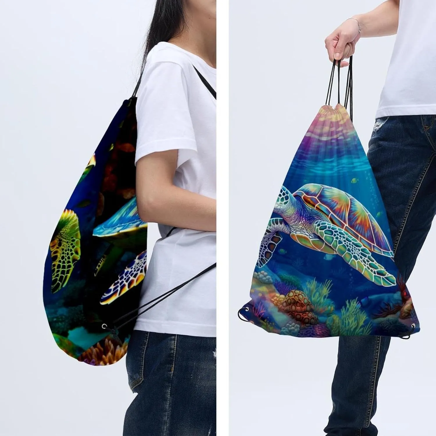 2 Pcs Sea Turtle Drawstring Backpack Sports Gym Sack pack String Bag for Women Men