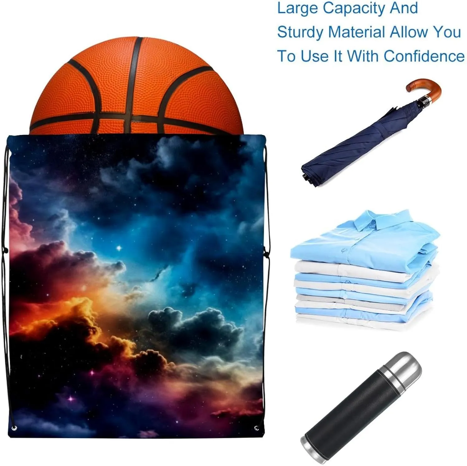 2 Pcs Stars Nebula Drawstring Backpack String Bag Sports Sack pack Gym Sack Side Pocket for Men Women