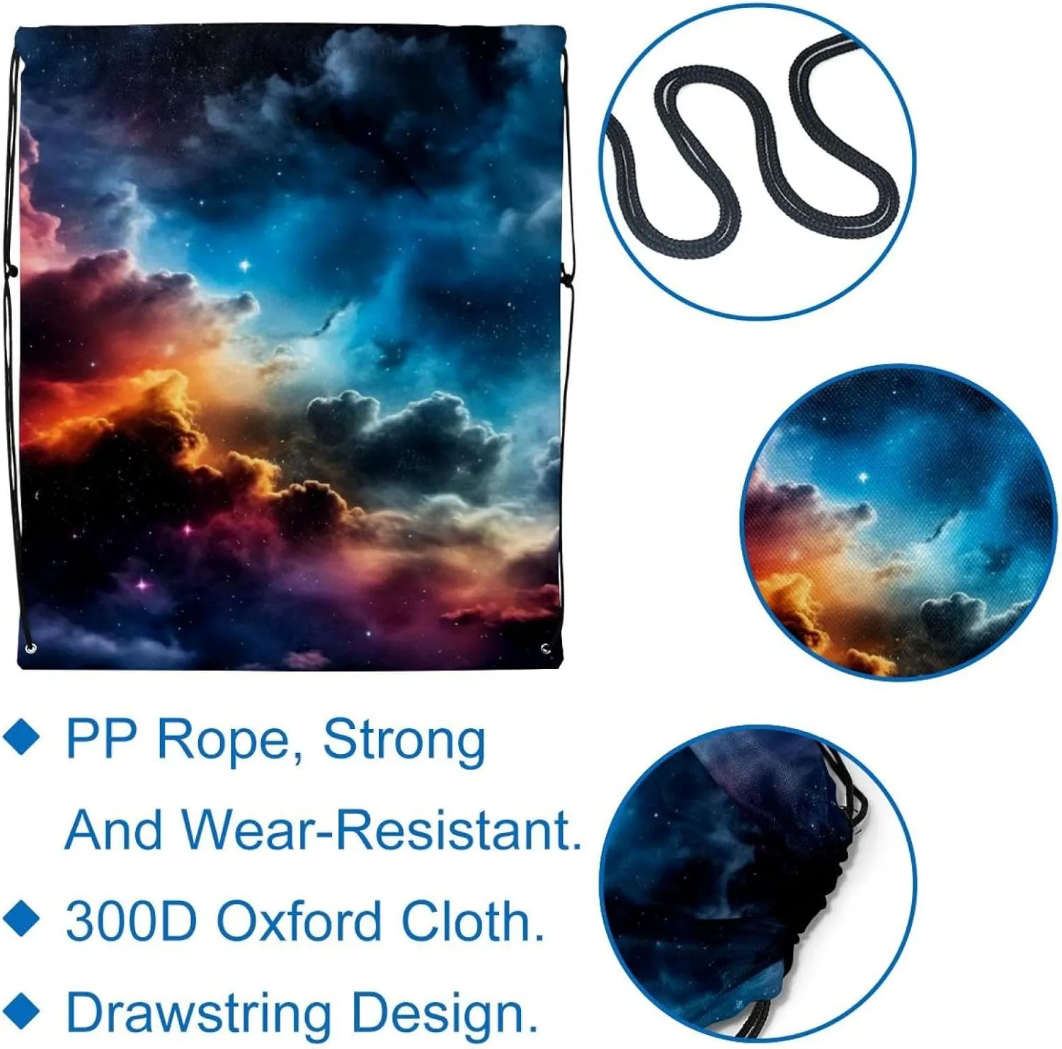 2 Pcs Stars Nebula Drawstring Backpack String Bag Sports Sack pack Gym Sack Side Pocket for Men Women