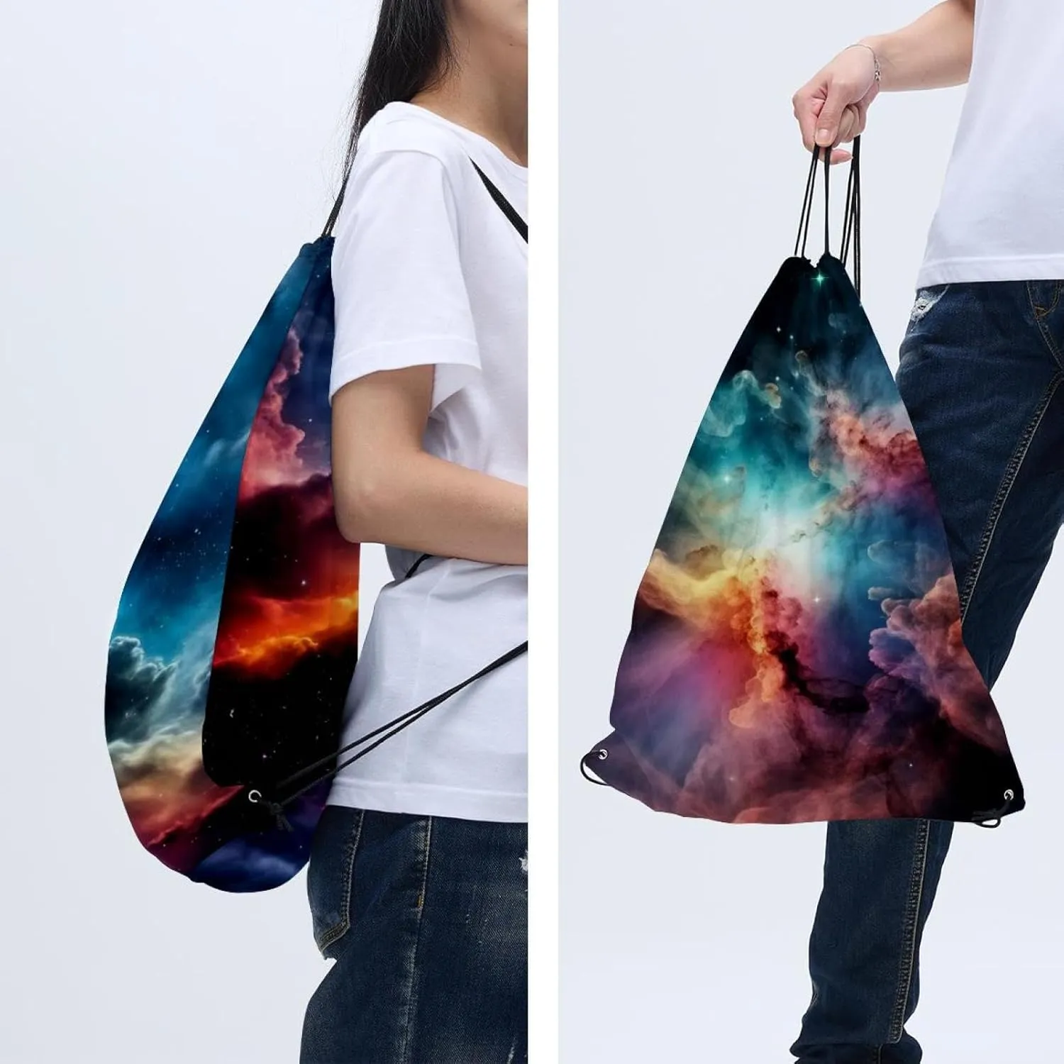 2 Pcs Stars Nebula Drawstring Backpack String Bag Sports Sack pack Gym Sack Side Pocket for Men Women