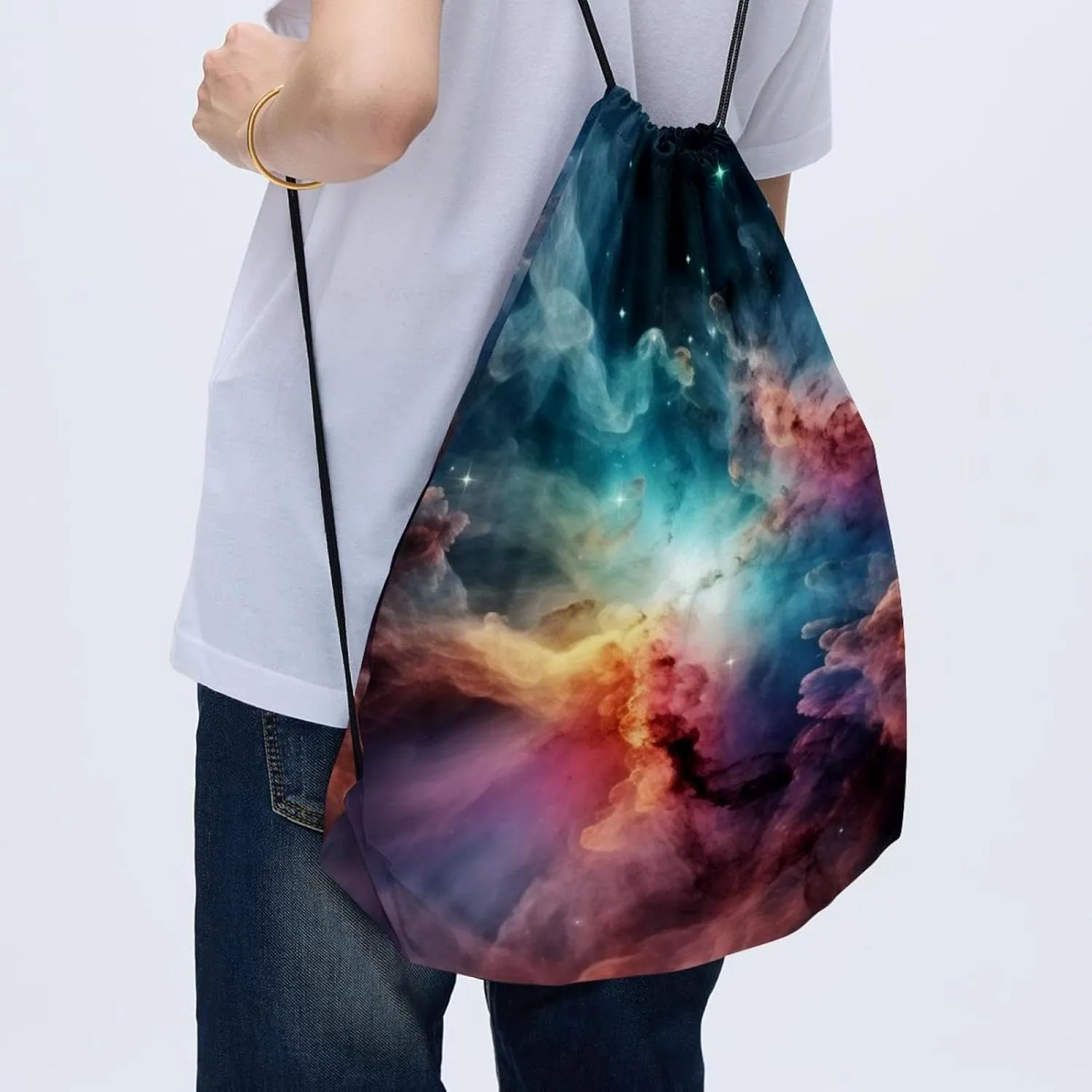 2 Pcs Stars Nebula Drawstring Backpack String Bag Sports Sack pack Gym Sack Side Pocket for Men Women