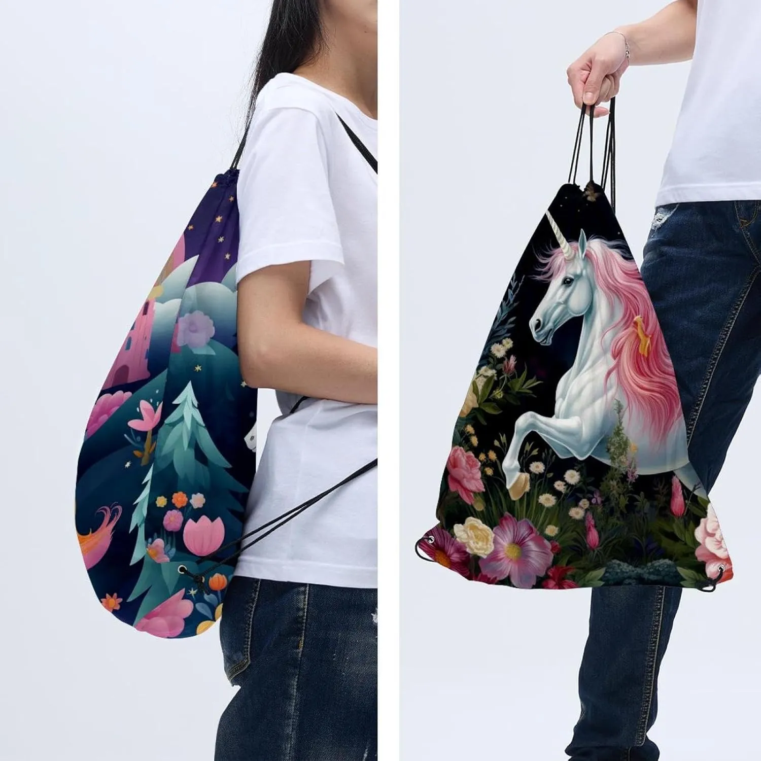 2 Pcs Unicorn Drawstring Backpack String Bag Sports Sack pack Gym Sack Side Pocket for Men Women