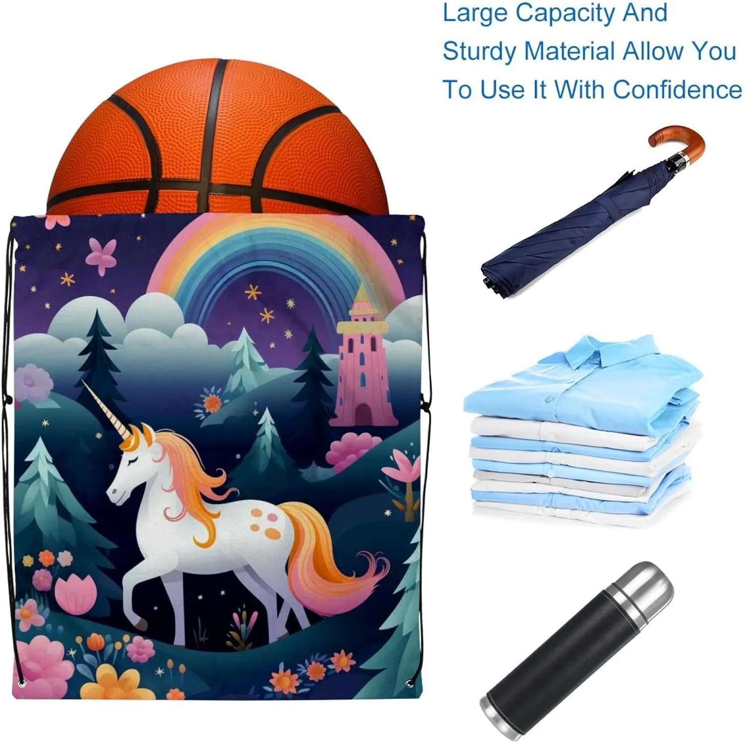 2 Pcs Unicorn Drawstring Backpack String Bag Sports Sack pack Gym Sack Side Pocket for Men Women