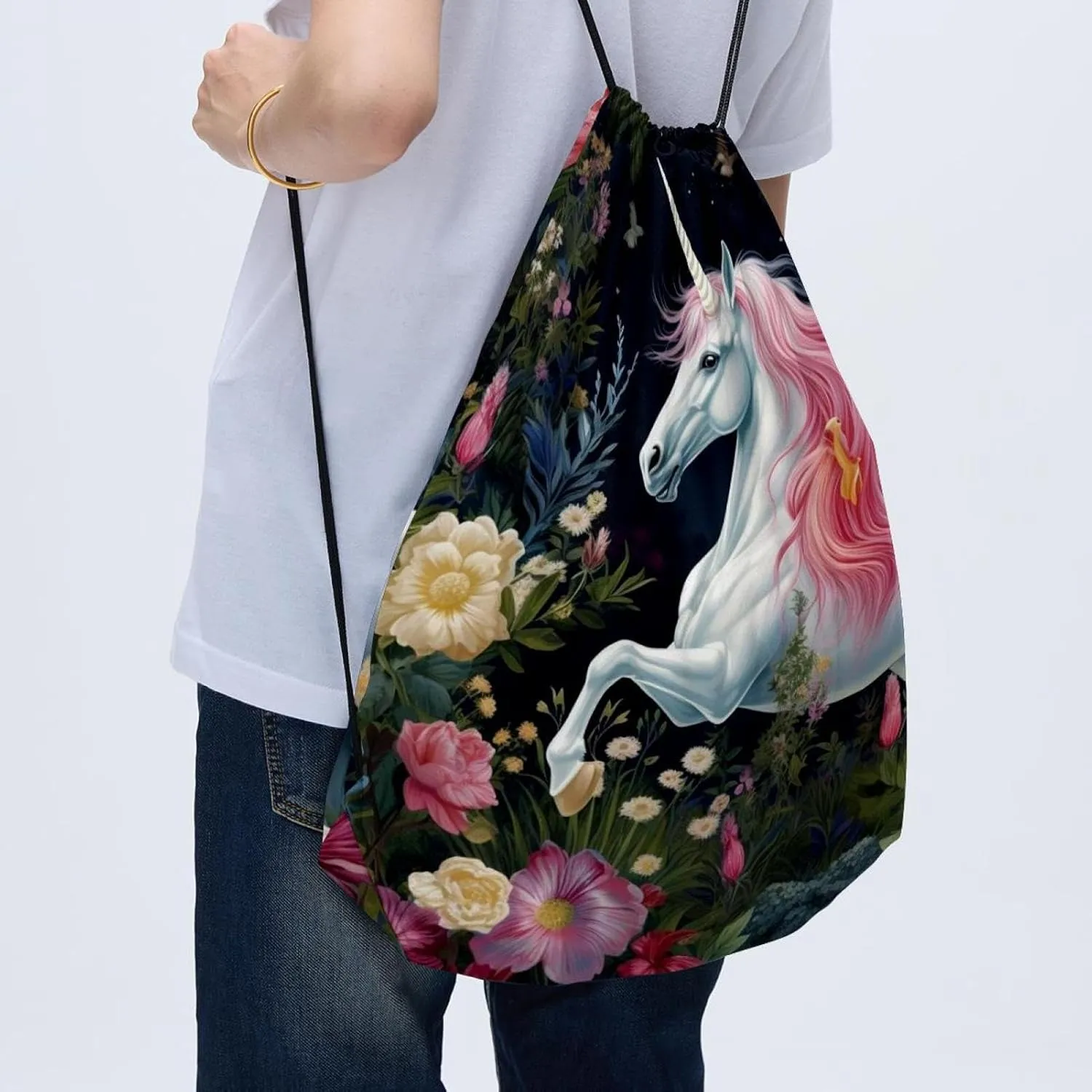 2 Pcs Unicorn Drawstring Backpack String Bag Sports Sack pack Gym Sack Side Pocket for Men Women