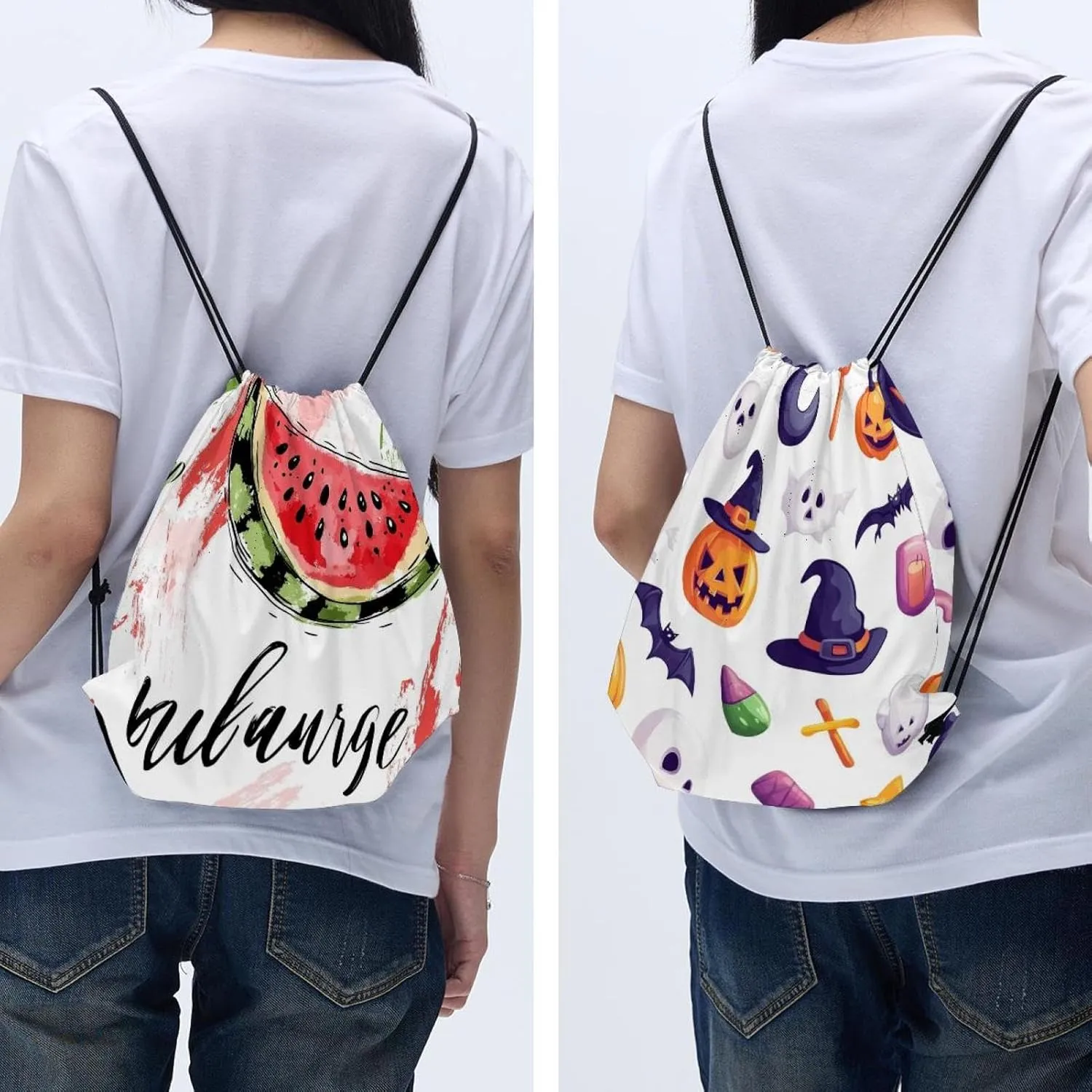 2 Pcs watermelon Drawstring Backpack String Bag Sports Sack pack Gym Sack Side Pocket for Men Women