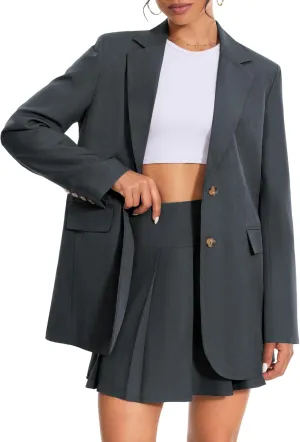 2 Piece Skirt Outfits for Women Business Casual Blazer Set Mini Pleated A-Line Skort Notched Collar Jacket Fall Matching Suit Dark Grey L