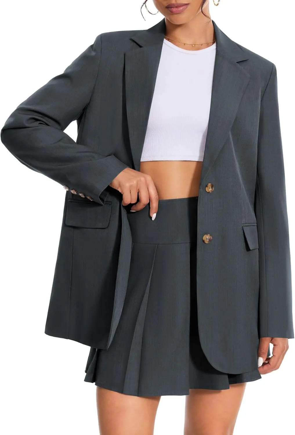 2 Piece Skirt Outfits for Women Business Casual Blazer Set Mini Pleated A-Line Skort Notched Collar Jacket Fall Matching Suit Dark Grey L