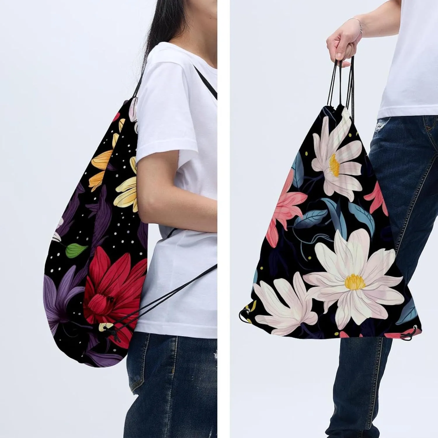 2 Pieces Floral Flower Drawstring Backpack for Party Gym Sport Trip