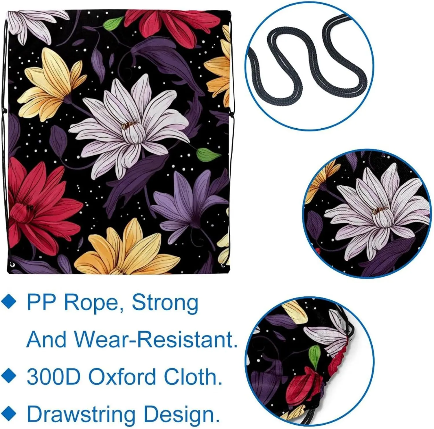 2 Pieces Floral Flower Drawstring Backpack for Party Gym Sport Trip