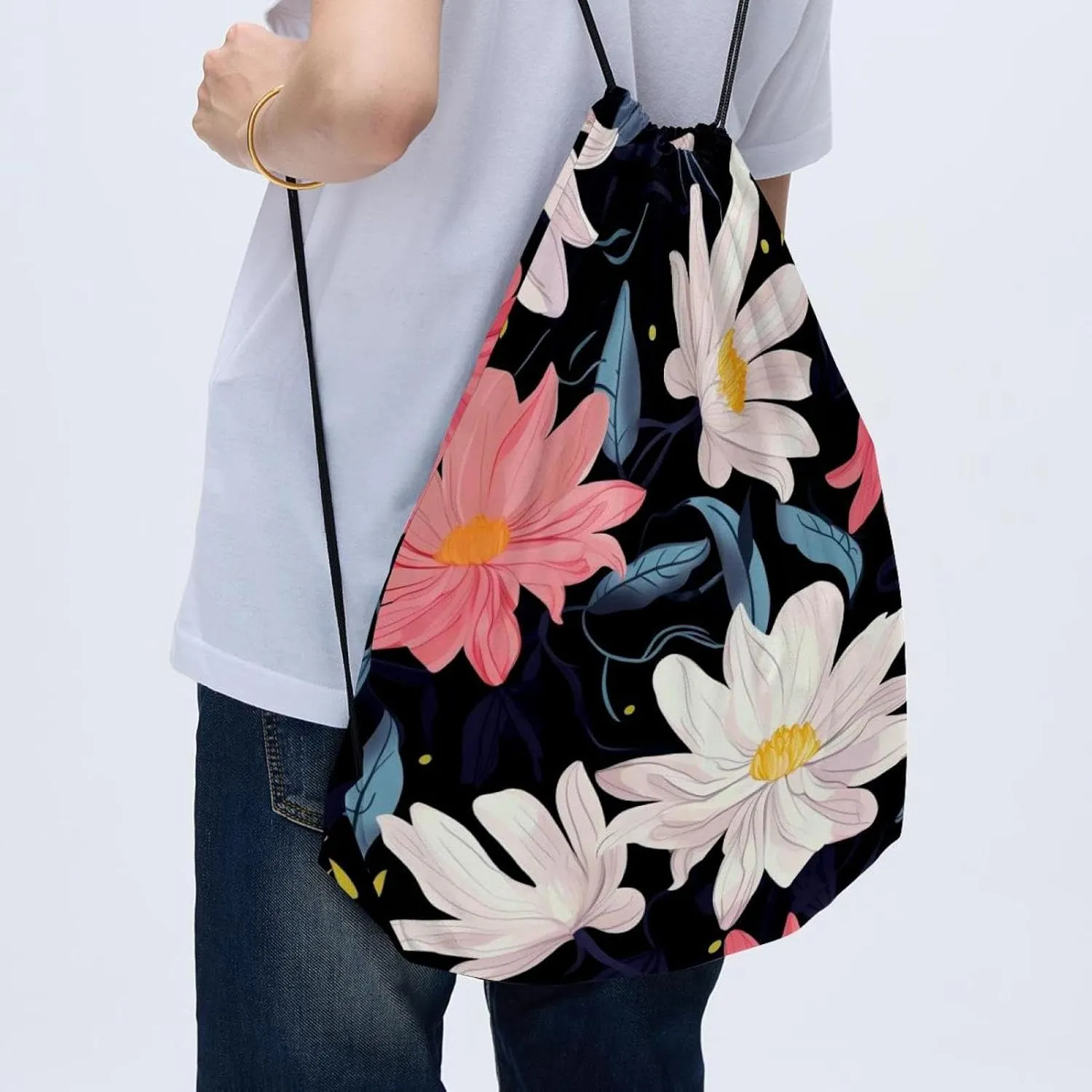 2 Pieces Floral Flower Drawstring Backpack for Party Gym Sport Trip