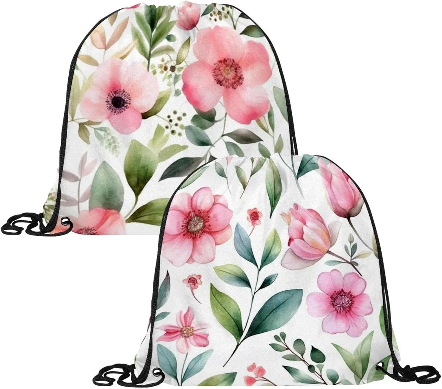 2 Pieces Pink Flowers with Leaves Drawstring Backpack for Party Gym Sport Trip