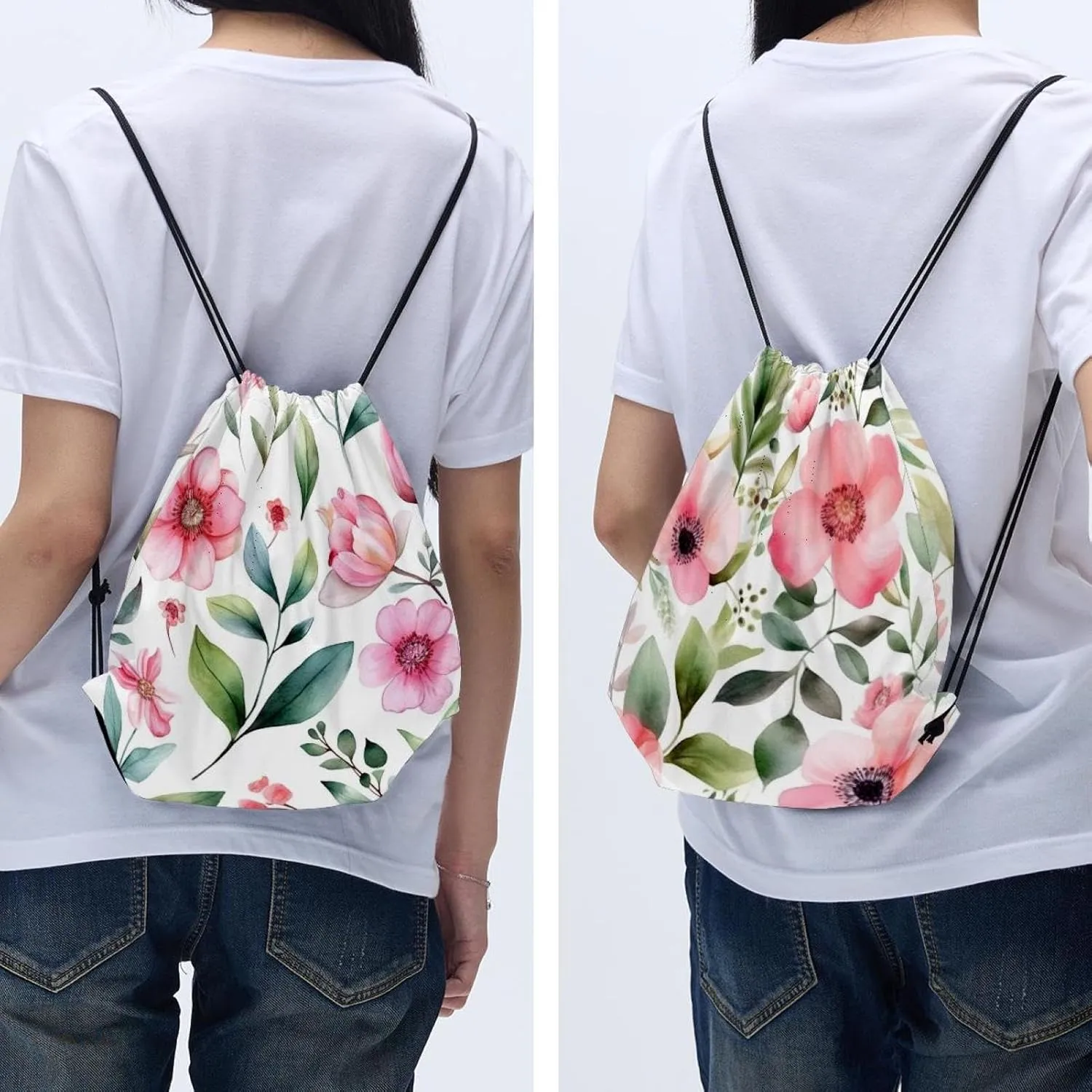 2 Pieces Pink Flowers with Leaves Drawstring Backpack for Party Gym Sport Trip