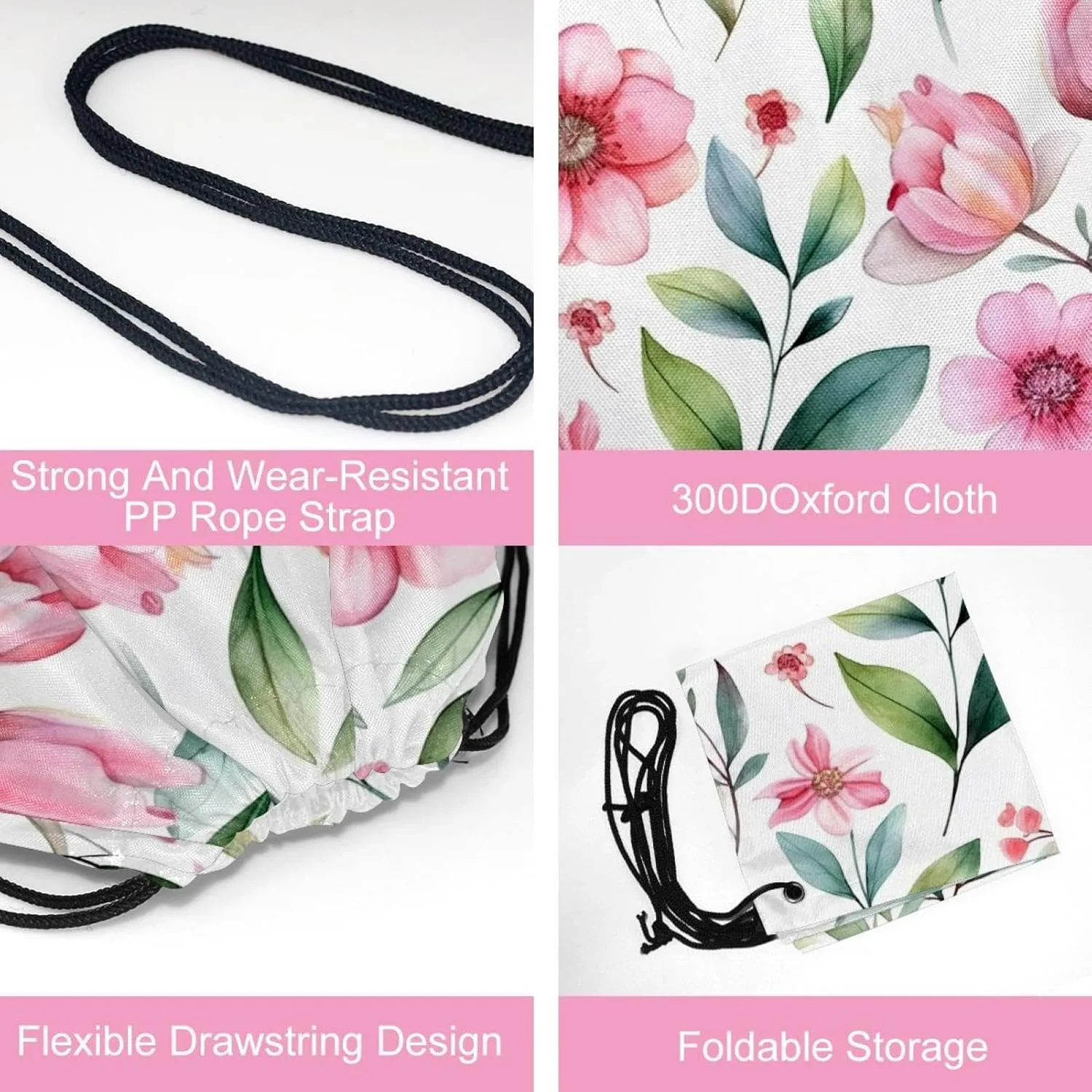 2 Pieces Pink Flowers with Leaves Drawstring Backpack for Party Gym Sport Trip