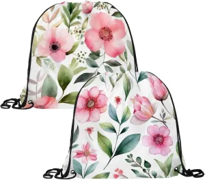 2 Pieces Pink Flowers with Leaves Drawstring Backpack for Party Gym Sport Trip