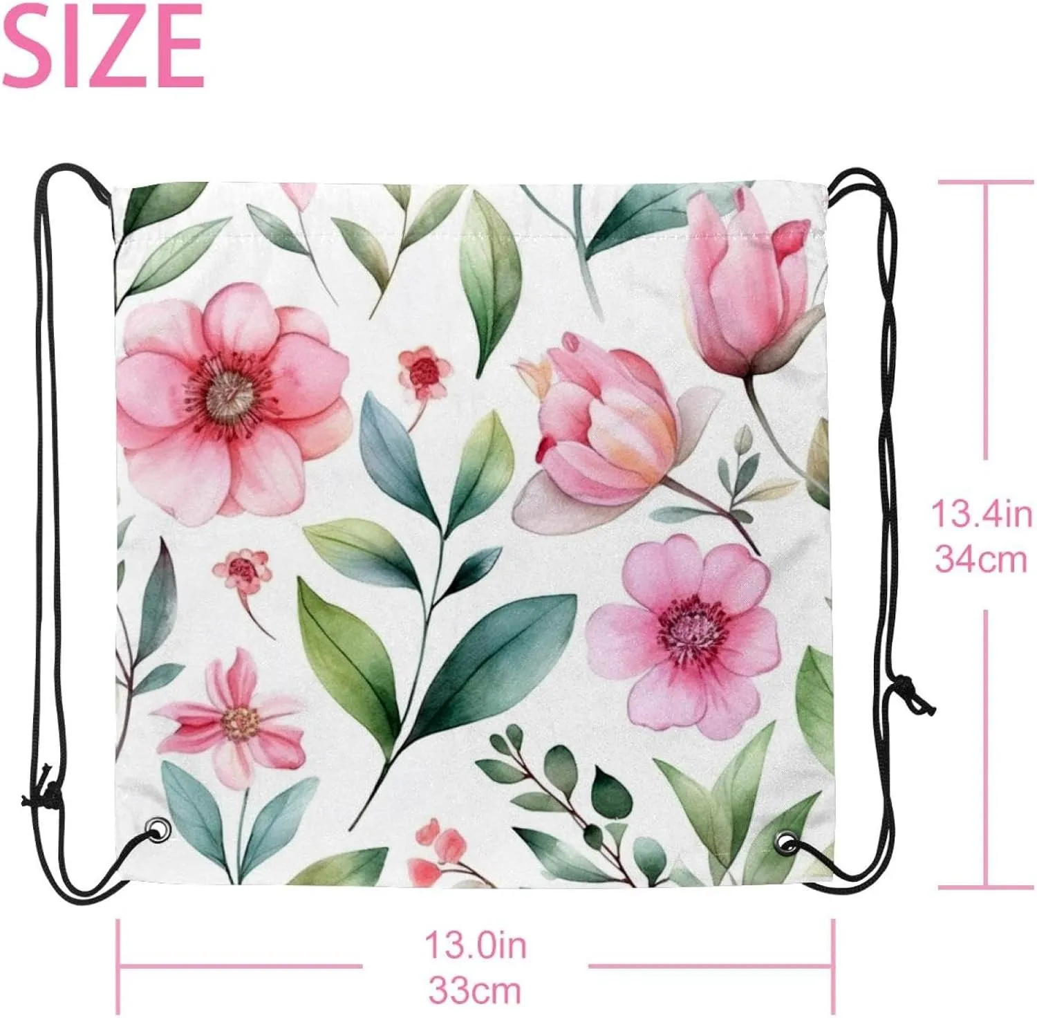 2 Pieces Pink Flowers with Leaves Drawstring Backpack for Party Gym Sport Trip