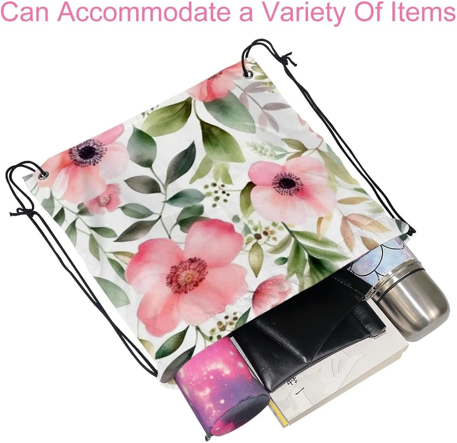 2 Pieces Pink Flowers with Leaves Drawstring Backpack for Party Gym Sport Trip
