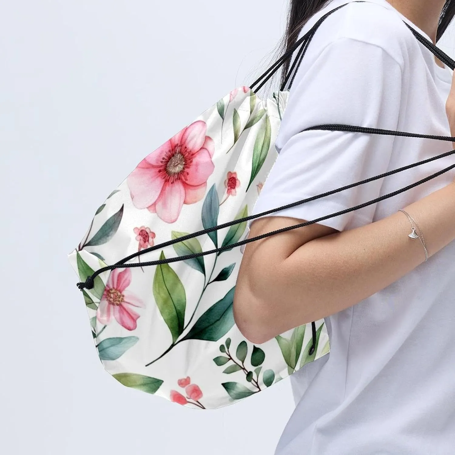 2 Pieces Pink Flowers with Leaves Drawstring Backpack for Party Gym Sport Trip