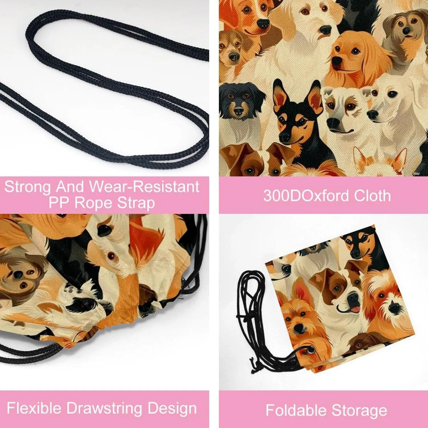 2PCS All kinds of Dogs Drawstring Bags Drawstring Gym Bag