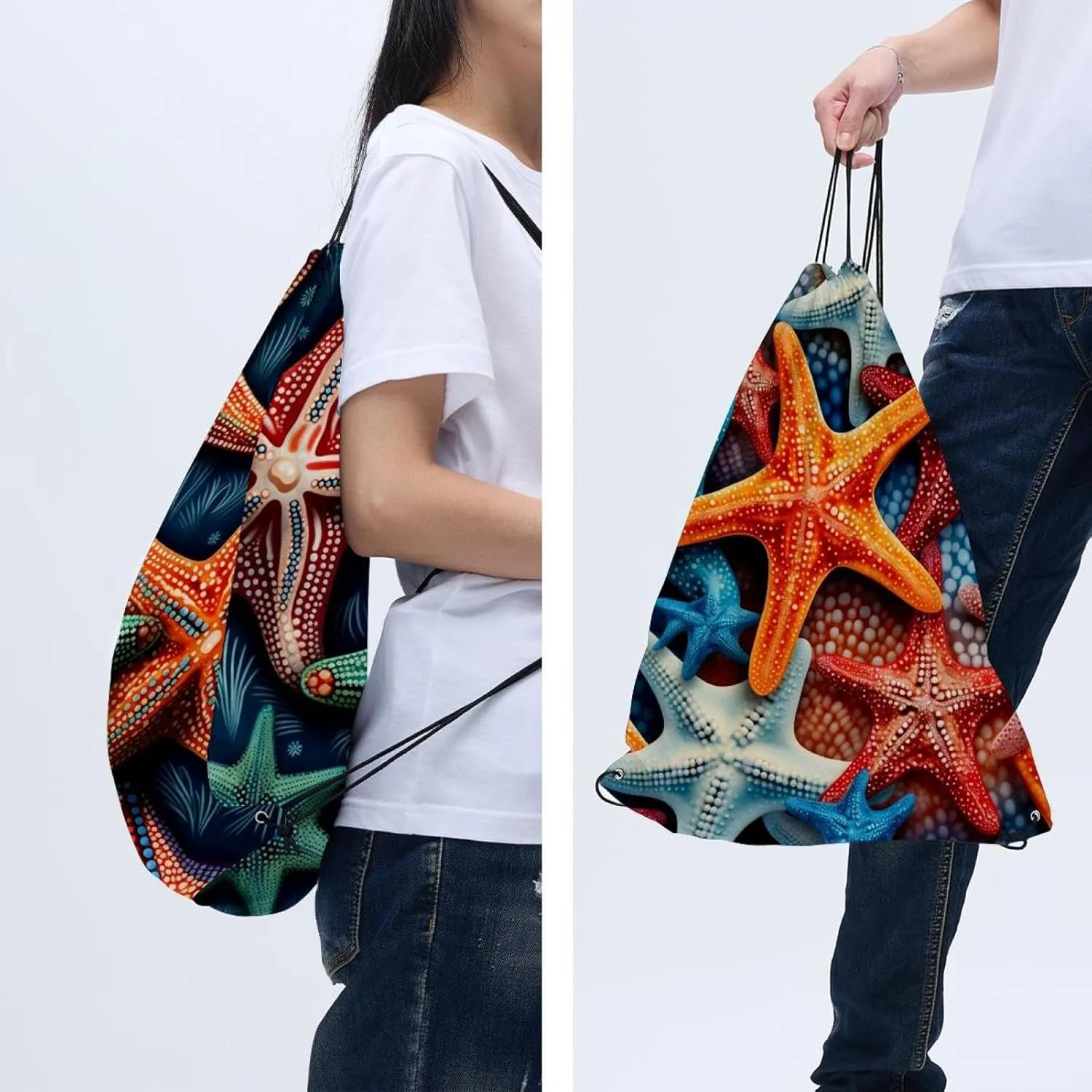 2PCS Starfish Draw String Bags Drawstring Backpack for Sports, Gym, Travel, Swimming, Beach