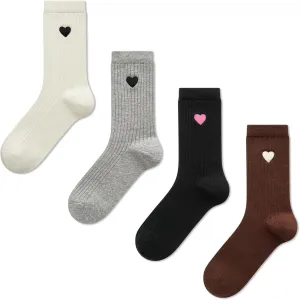 4 Pairs Heart Embroidered Calf Socks for Women - Cute Novelty Heart Pattern Design