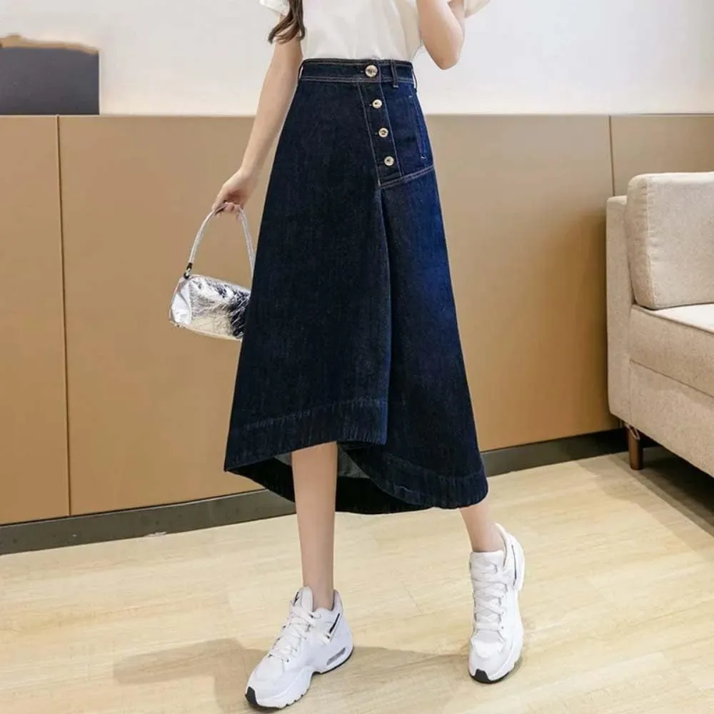Adhdyuud Women High Waist Asymmetrical Button Front Denim Skirt Casual A-Line Irregular Midi Skirt