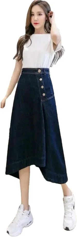 Adhdyuud Women High Waist Asymmetrical Button Front Denim Skirt Casual A-Line Irregular Midi Skirt