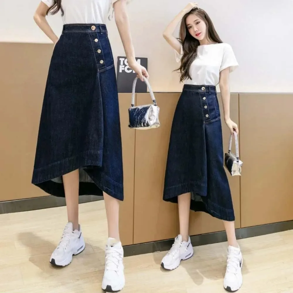 Adhdyuud Women High Waist Asymmetrical Button Front Denim Skirt Casual A-Line Irregular Midi Skirt
