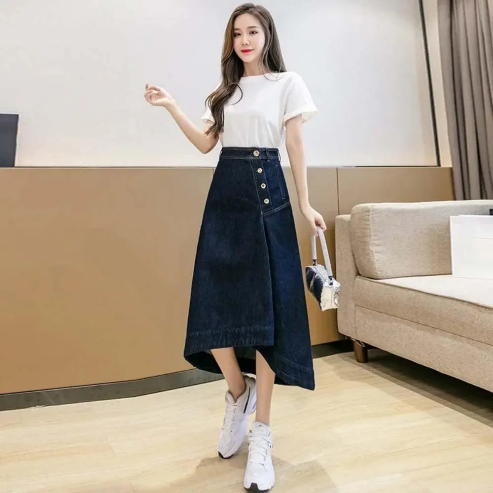 Adhdyuud Women High Waist Asymmetrical Button Front Denim Skirt Casual A-Line Irregular Midi Skirt