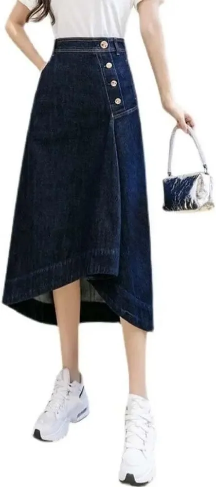 Adhdyuud Women High Waist Asymmetrical Button Front Denim Skirt Casual A-Line Irregular Midi Skirt
