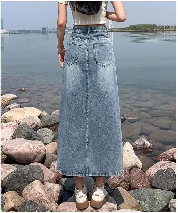 Adhdyuud Women High Waist Button Front Denim Skirt Casual Side Slit Drawstring Long Maxi Skirt Streetwear Fashion