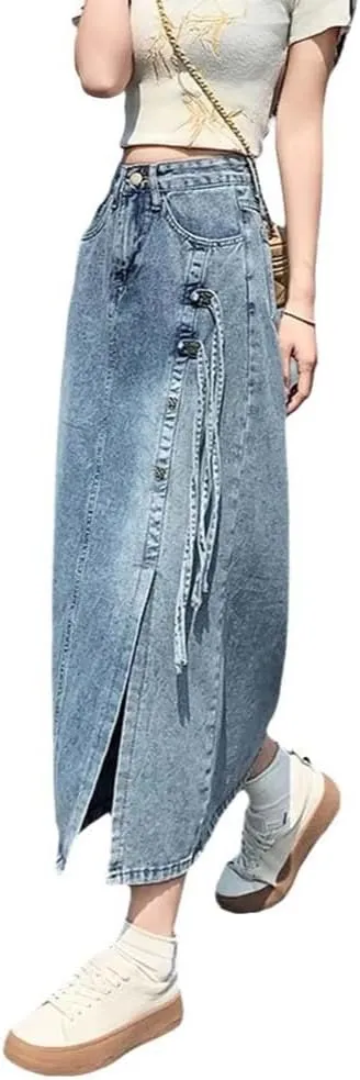Adhdyuud Women High Waist Button Front Denim Skirt Casual Side Slit Drawstring Long Maxi Skirt Streetwear Fashion