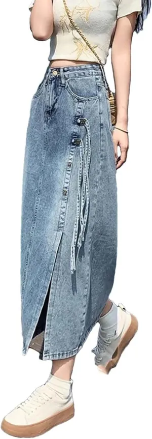 Adhdyuud Women High Waist Button Front Denim Skirt Casual Side Slit Drawstring Long Maxi Skirt Streetwear Fashion