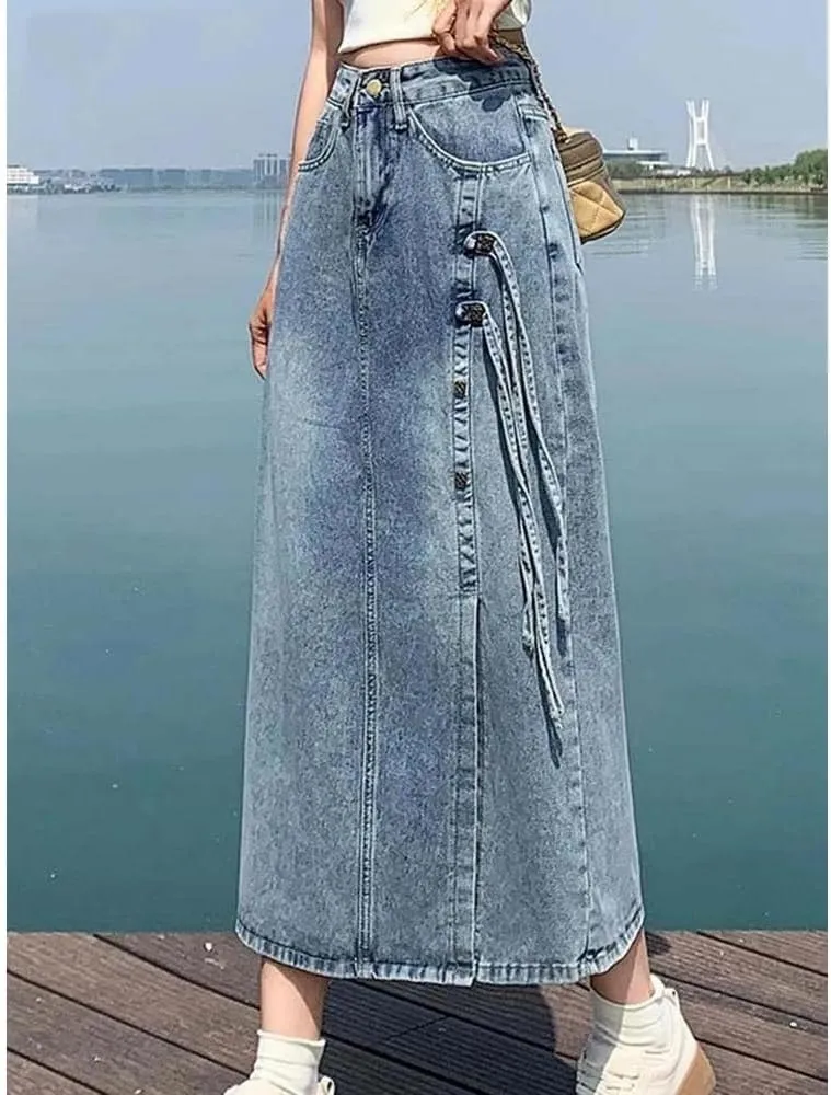 Adhdyuud Women High Waist Button Front Denim Skirt Casual Side Slit Drawstring Long Maxi Skirt Streetwear Fashion