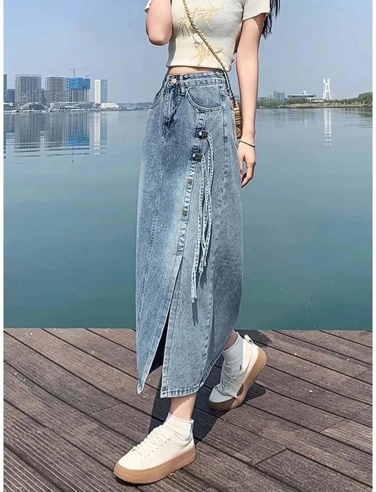 Adhdyuud Women High Waist Button Front Denim Skirt Casual Side Slit Drawstring Long Maxi Skirt Streetwear Fashion