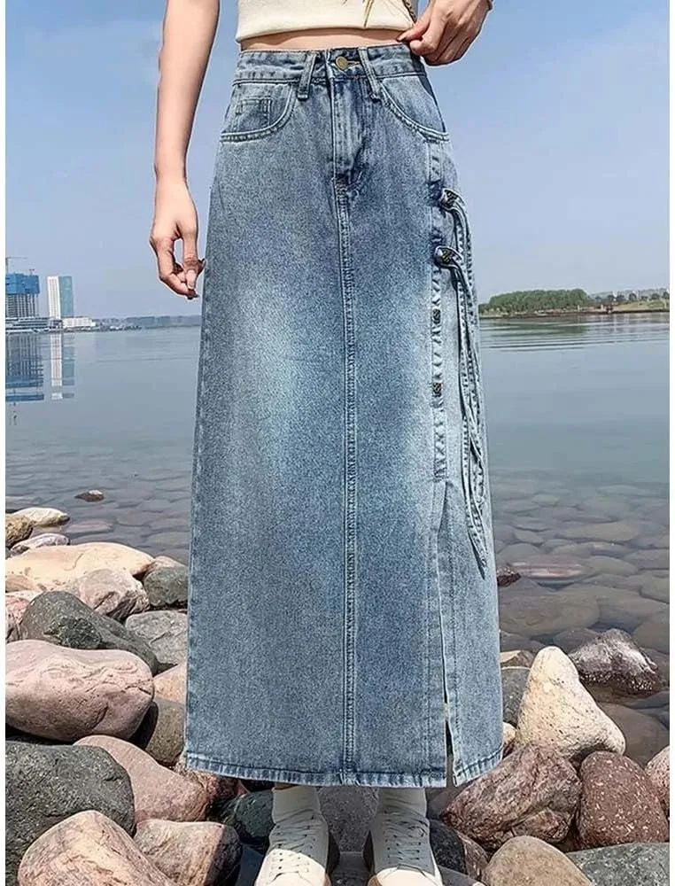 Adhdyuud Women High Waist Button Front Denim Skirt Casual Side Slit Drawstring Long Maxi Skirt Streetwear Fashion