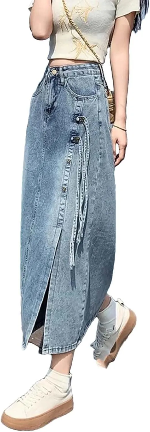 Adhdyuud Women High Waist Button Front Denim Skirt Casual Side Slit Drawstring Long Maxi Skirt Streetwear Fashion