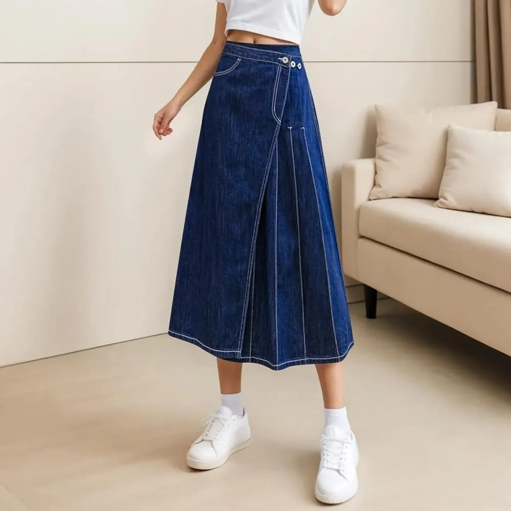 Adhdyuud Women High Waist Pleated Denim Skirt Asymmetrical Button Design Casual A Line Elegant Midi Skirt