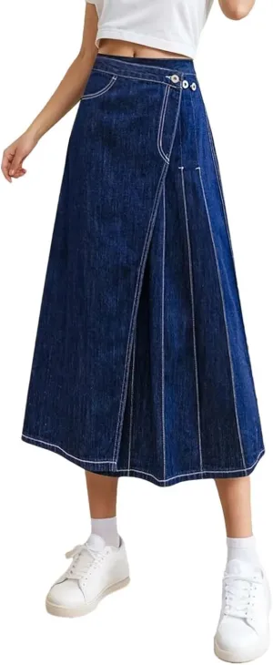 Adhdyuud Women High Waist Pleated Denim Skirt Asymmetrical Button Design Casual A Line Elegant Midi Skirt