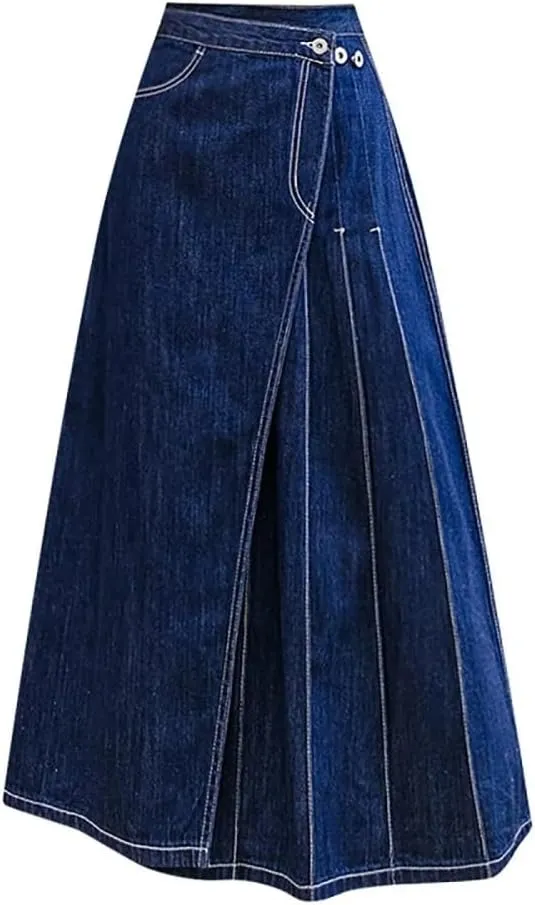 Adhdyuud Women High Waist Pleated Denim Skirt Asymmetrical Button Design Casual A Line Elegant Midi Skirt