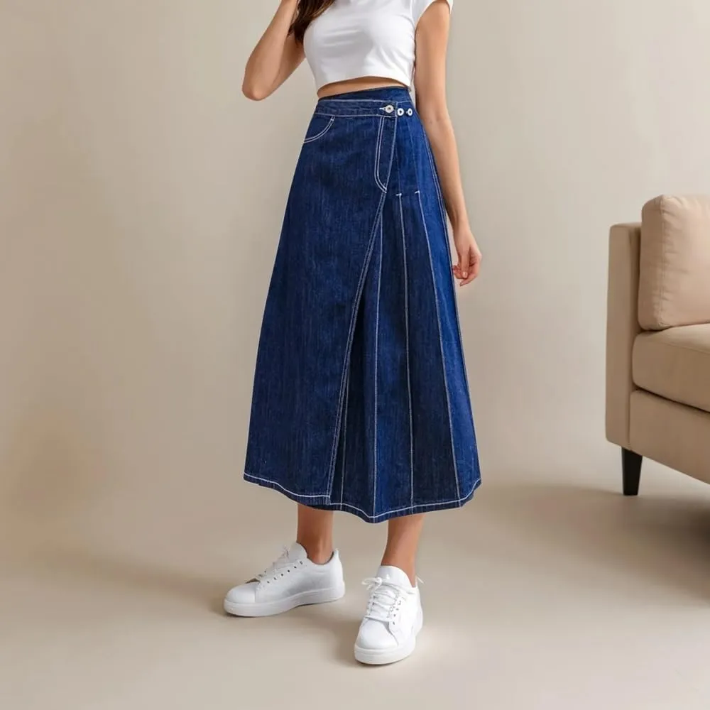 Adhdyuud Women High Waist Pleated Denim Skirt Asymmetrical Button Design Casual A Line Elegant Midi Skirt